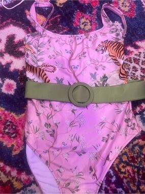 Averie Light Pink Melina Tiger Blossom One-Piece Swimsuit with Green Belt
